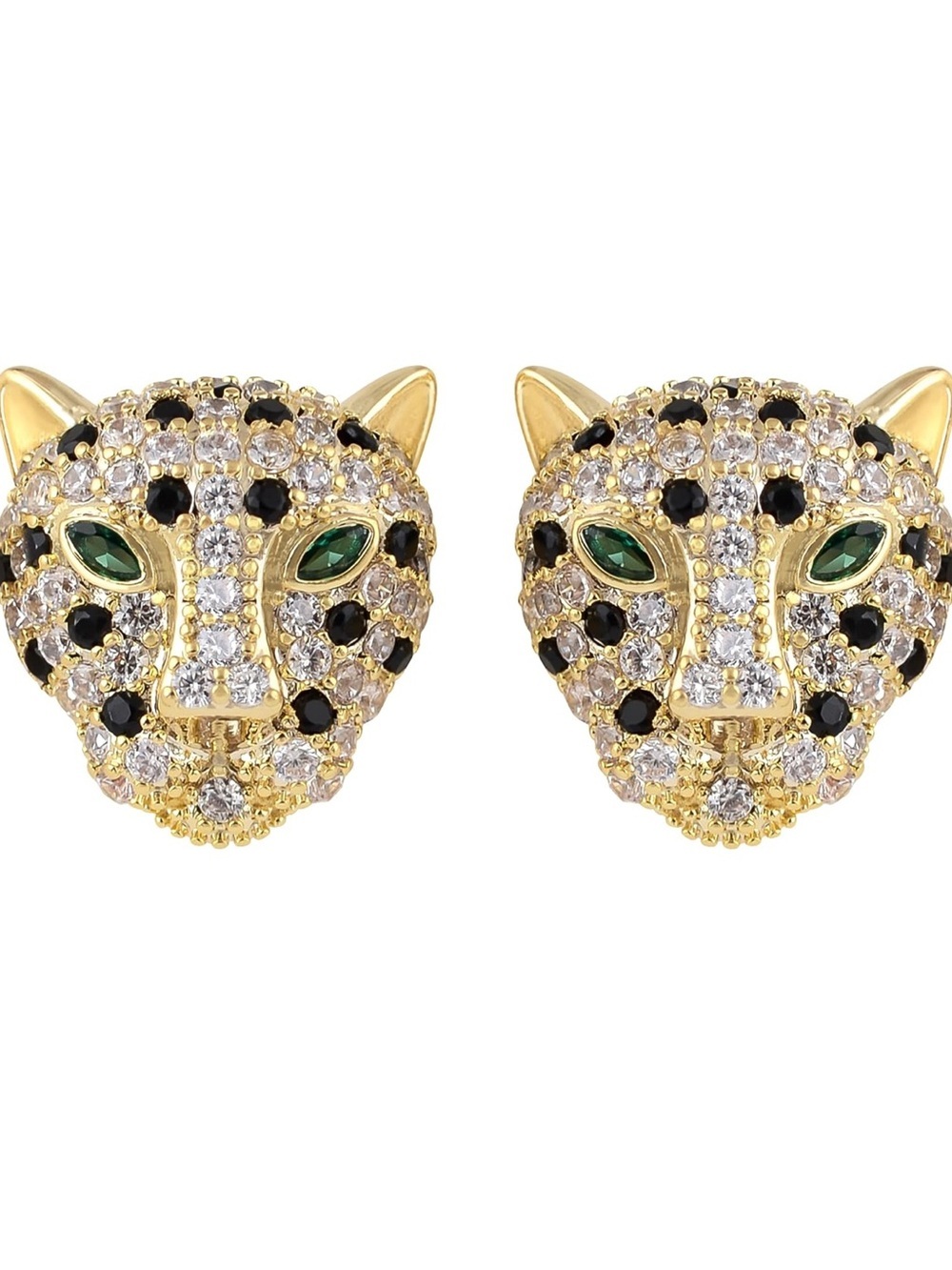 Gold Plated Sterling Silver Leopard Head Crystal Stud Earrings Emerald Eyes